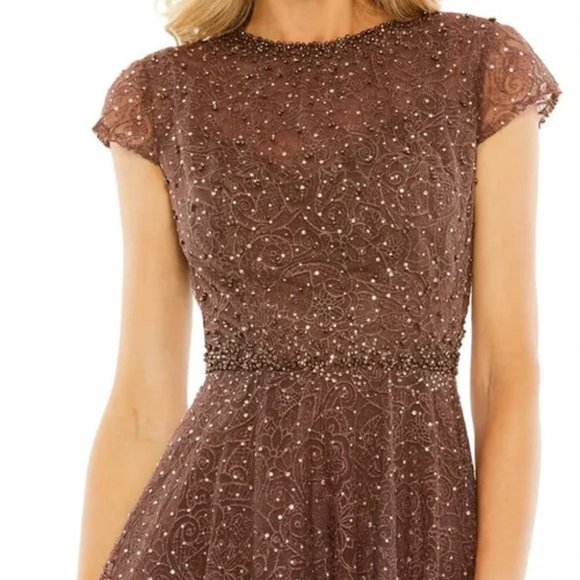 Mac Duggal Chocolate Brown Copper Beaded Floral Cap Sleeve Gown - Picture 5 of 5